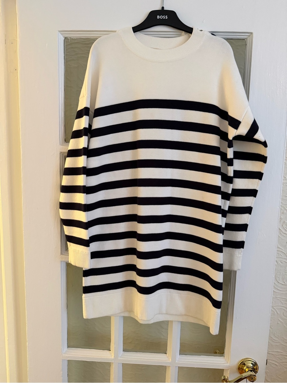 Sezane White and Navy Striped Knit Mini Dress